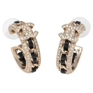 Chanel Crystal & Interlaced Lambskin Leather Matte Gold Tone CC Hoop Earring